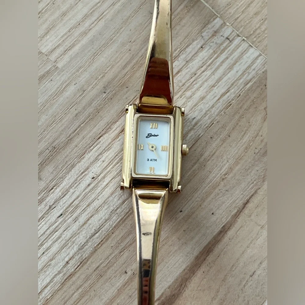 Belair Luxury Ladies Watch White Rectangular Dial Gold-Tone Bangle Bracelet